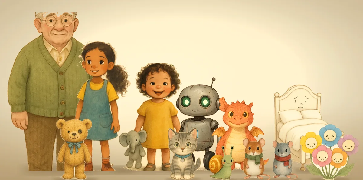 Twelve Peepr characters from seven different stories standing in a line-up like a cast photo — a grandfather, two sisters, one holding a grey toy elephant, a robot, a small dragon, a kitten, a teddy bear, a snail, two mice in scarves, a bed with a sad face and a bunch of flowers
