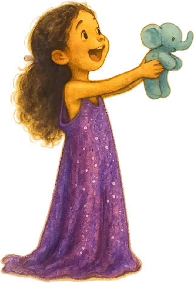 Illy, a Peepr character, holding up her elephant beside the storybook reader