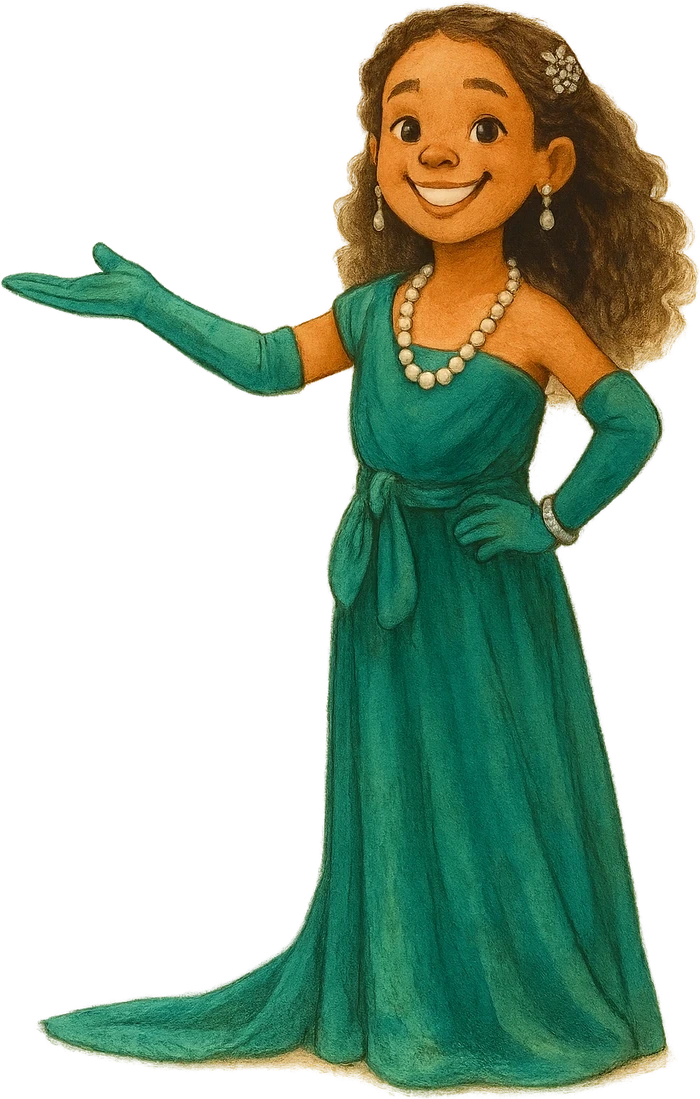 Noa, eight, in her mother’s oversized jade evening gown and opera gloves, presenting the film she made