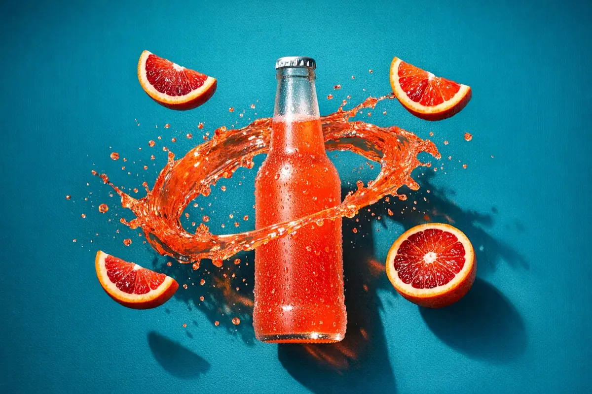 A frosted bottle of blood-orange soda mid-splash