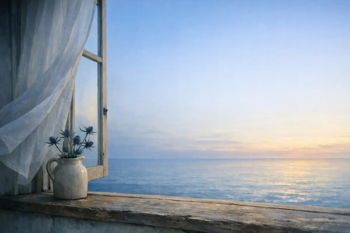 A dawn sea view through an open window