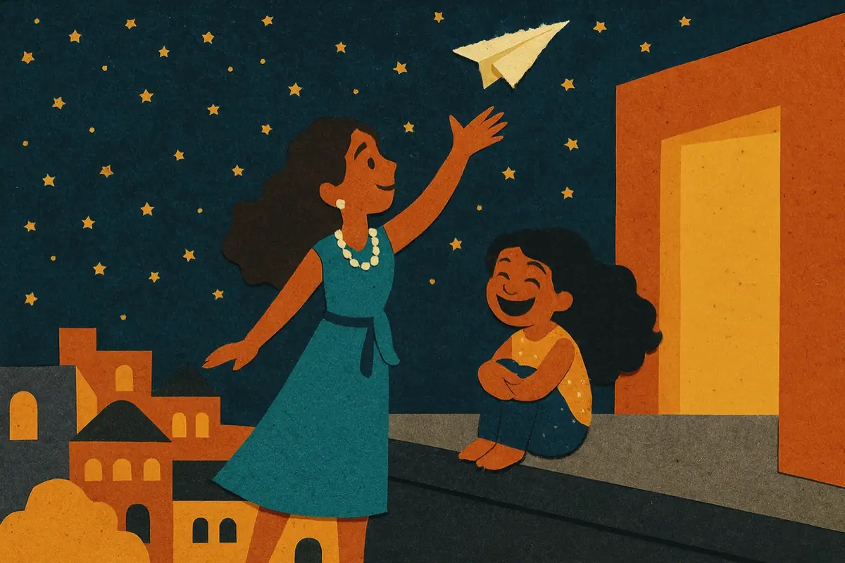 Noa and Illy on a rooftop sending a paper aeroplane over a sleeping town, in cut-paper collage