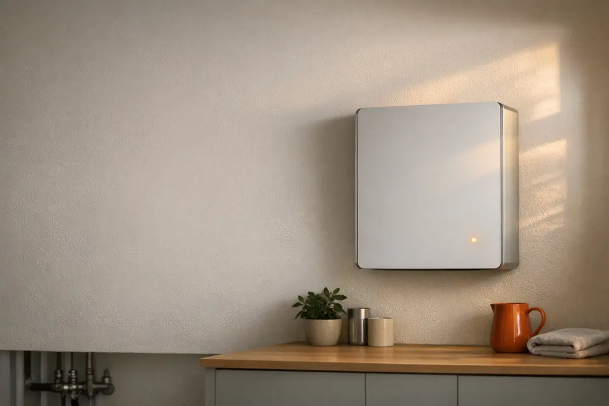 A calm utility room with a wall-mounted home battery