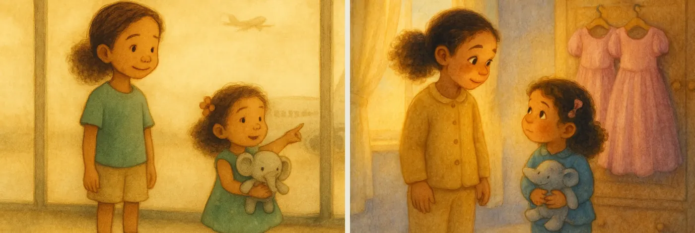 Noa and Illy in two separate films made weeks apart — an airport in one, a bedroom in the other — with Illy carrying the same grey toy elephant in both
