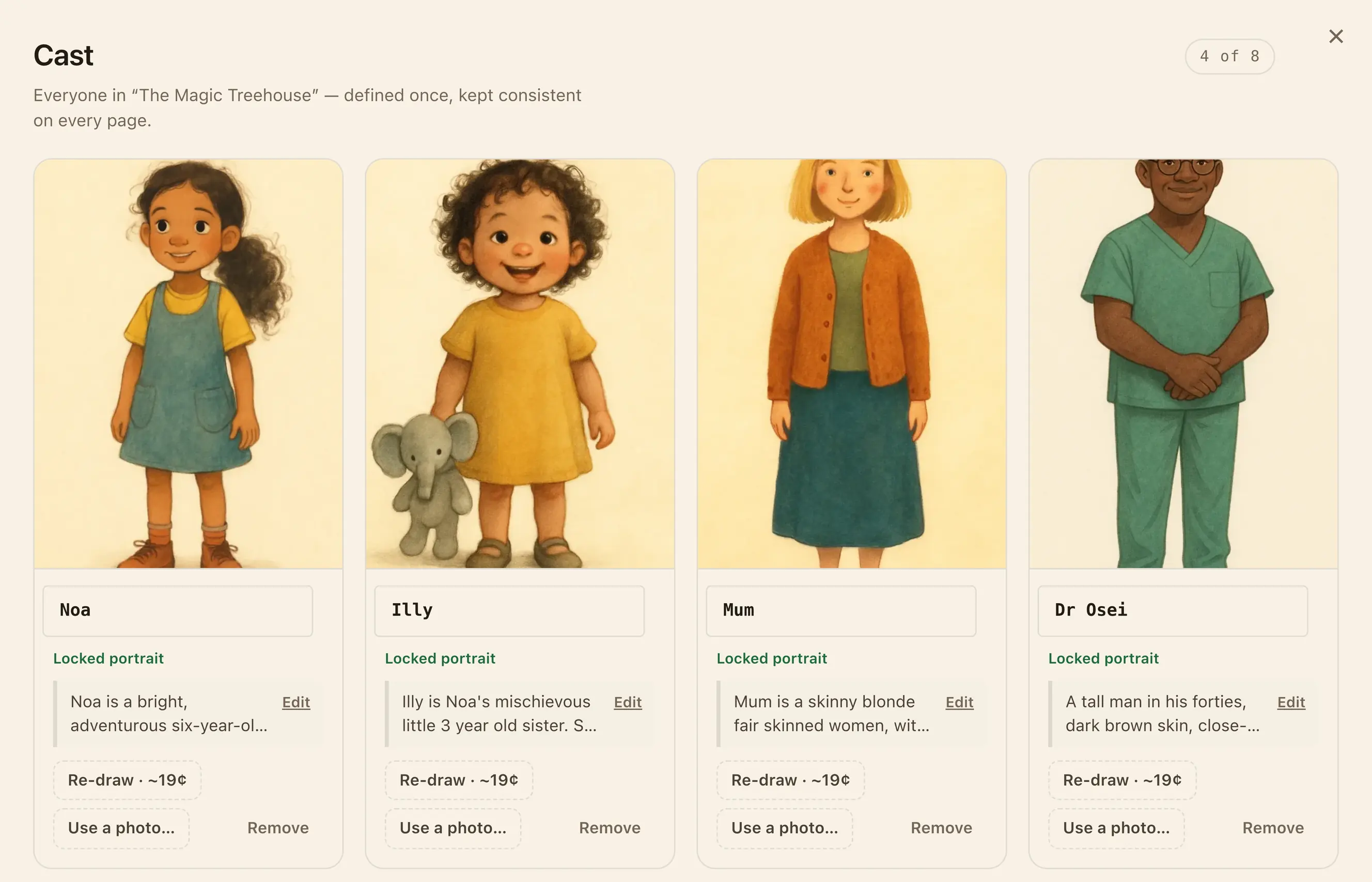The Peepr cast manager, open on the story “The Magic Treehouse”. Four cards side by side — Noa, Illy, Mum and Dr Osei — each with its locked portrait, the character’s description, and the buttons to re-draw the portrait, use a photo instead, or remove the character.
