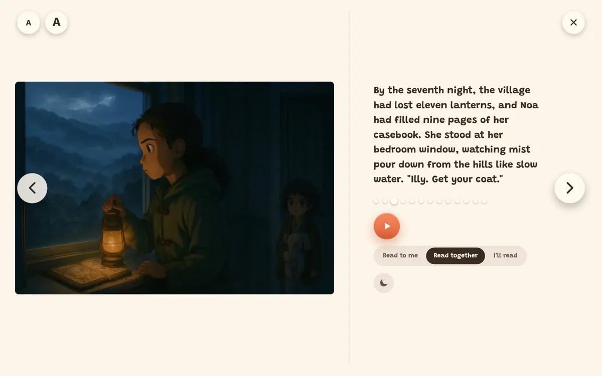 A page of the story, art on the left and the words on the right