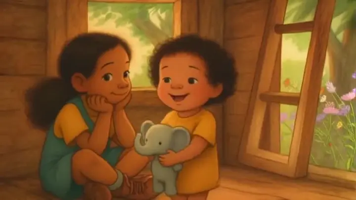 Two girls sitting in a treehouse, the younger one holding her grey elephant